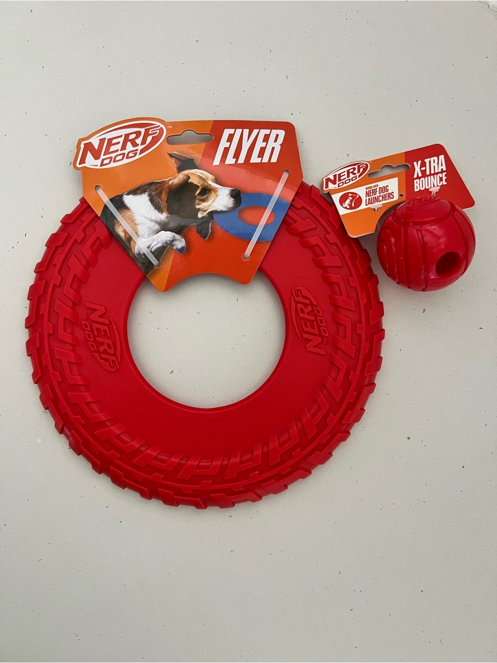 NWT Nerf Dog Flyer & X-Tra Bounce Ball Set Red Dog Toys Fetch
